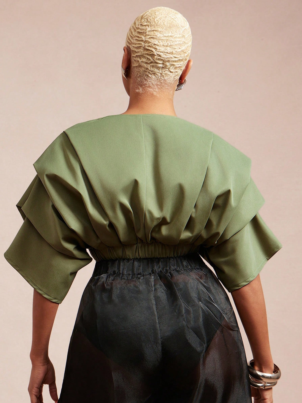 Vixey Solid Woven Pleated Structured Sleeve Drawstring Waist Top
