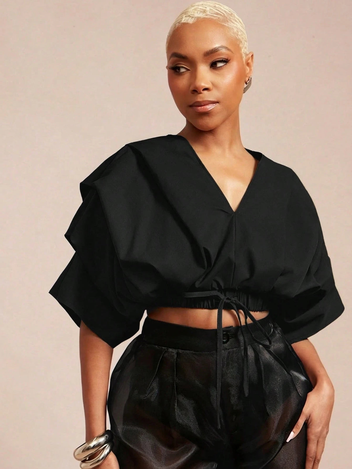 Vixey Solid Woven Pleated Structured Sleeve Drawstring Waist Top