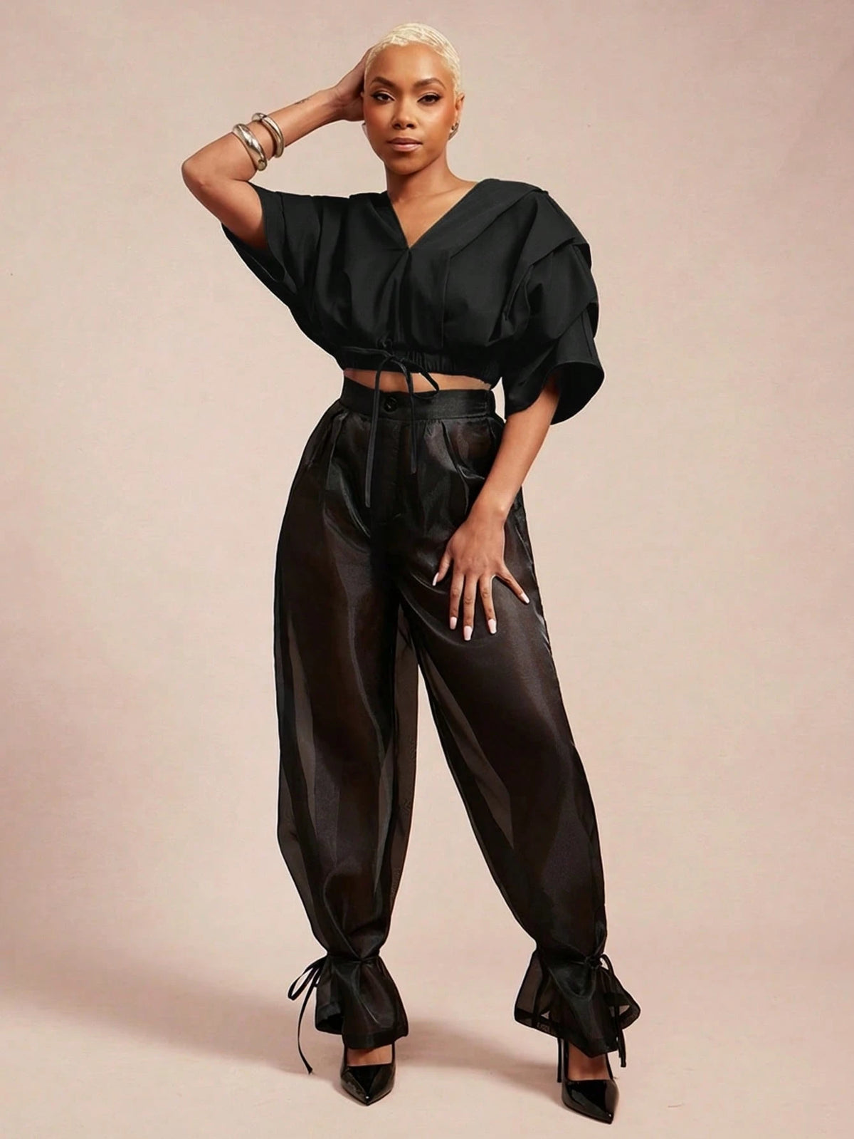 Vixey Solid Woven Pleated Structured Sleeve Drawstring Waist Top