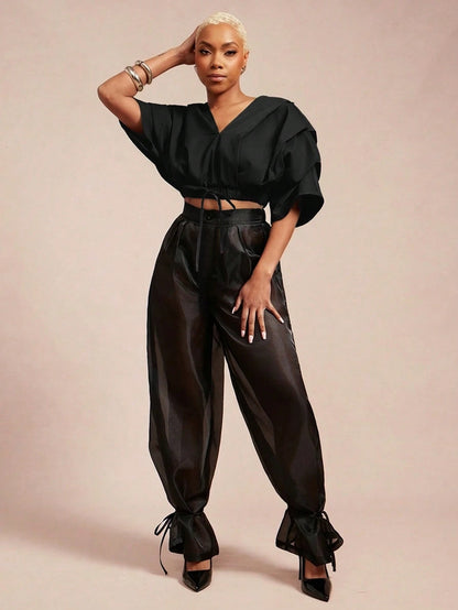 Vixey Solid Woven Pleated Structured Sleeve Drawstring Waist Top
