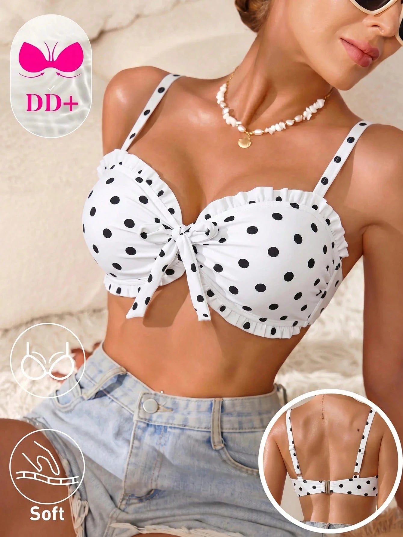 Voyashape 2026 Spring/Summer New White With Black Polka Dots Ruffle Bow Tie Decor Women's Bikini Top Fashion Slimming Cute 1950s Vintage Elegant Sexy Beach