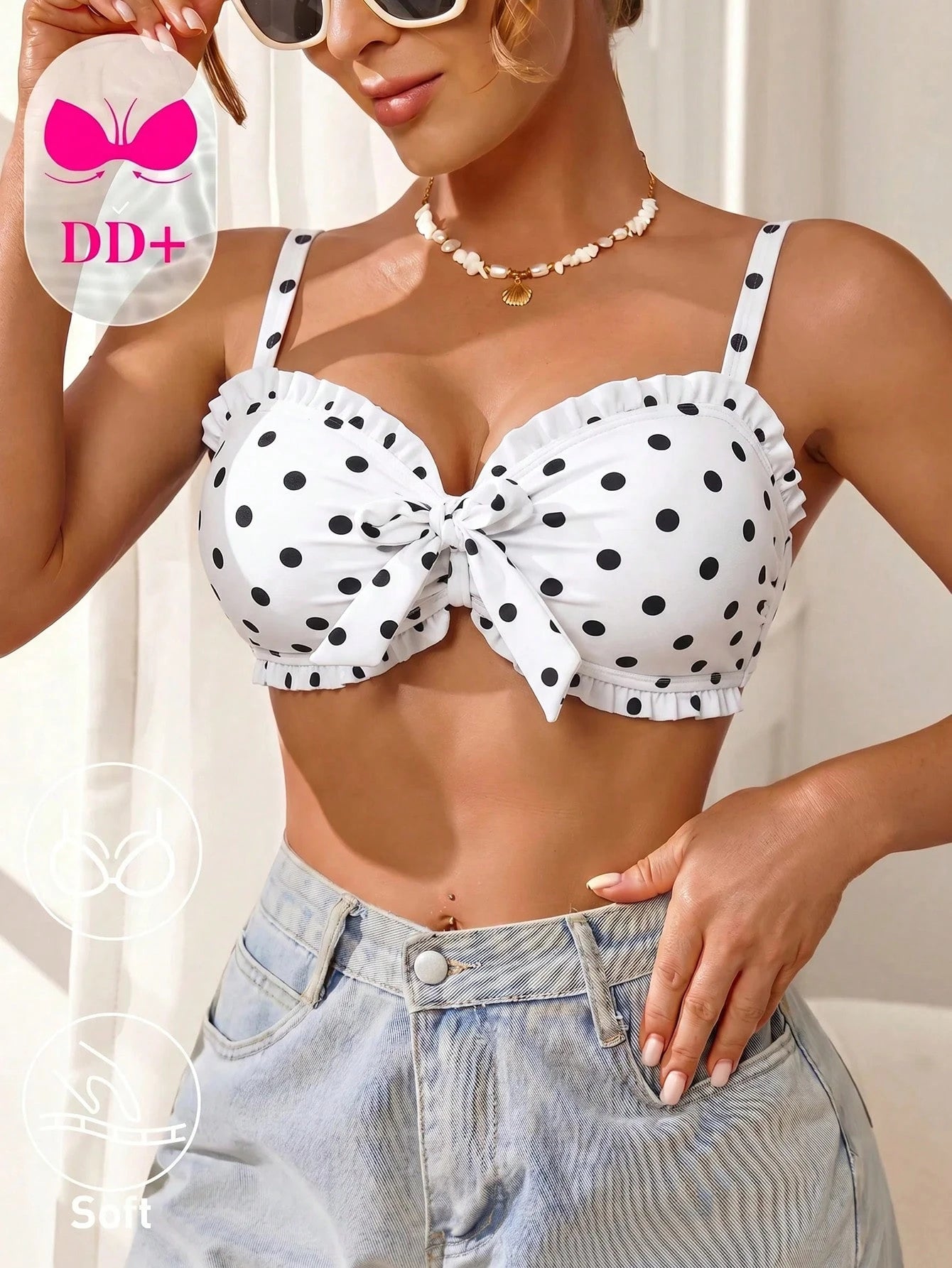 Voyashape 2026 Spring/Summer New White With Black Polka Dots Ruffle Bow Tie Decor Women's Bikini Top Fashion Slimming Cute 1950s Vintage Elegant Sexy Beach
