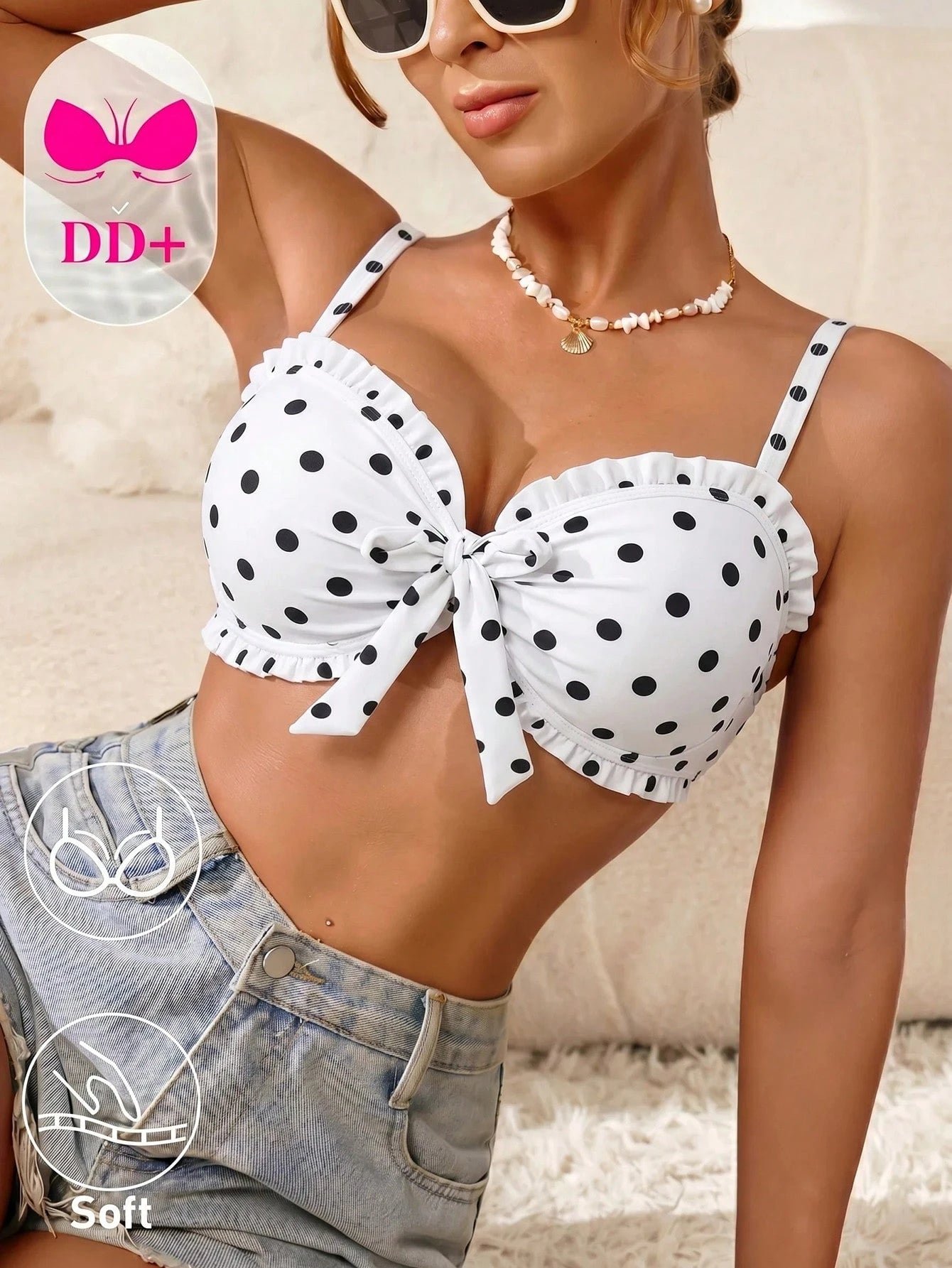 Voyashape 2026 Spring/Summer New White With Black Polka Dots Ruffle Bow Tie Decor Women's Bikini Top Fashion Slimming Cute 1950s Vintage Elegant Sexy Beach