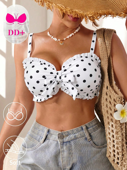 Voyashape 2026 Spring/Summer New White With Black Polka Dots Ruffle Bow Tie Decor Women's Bikini Top Fashion Slimming Cute 1950s Vintage Elegant Sexy Beach