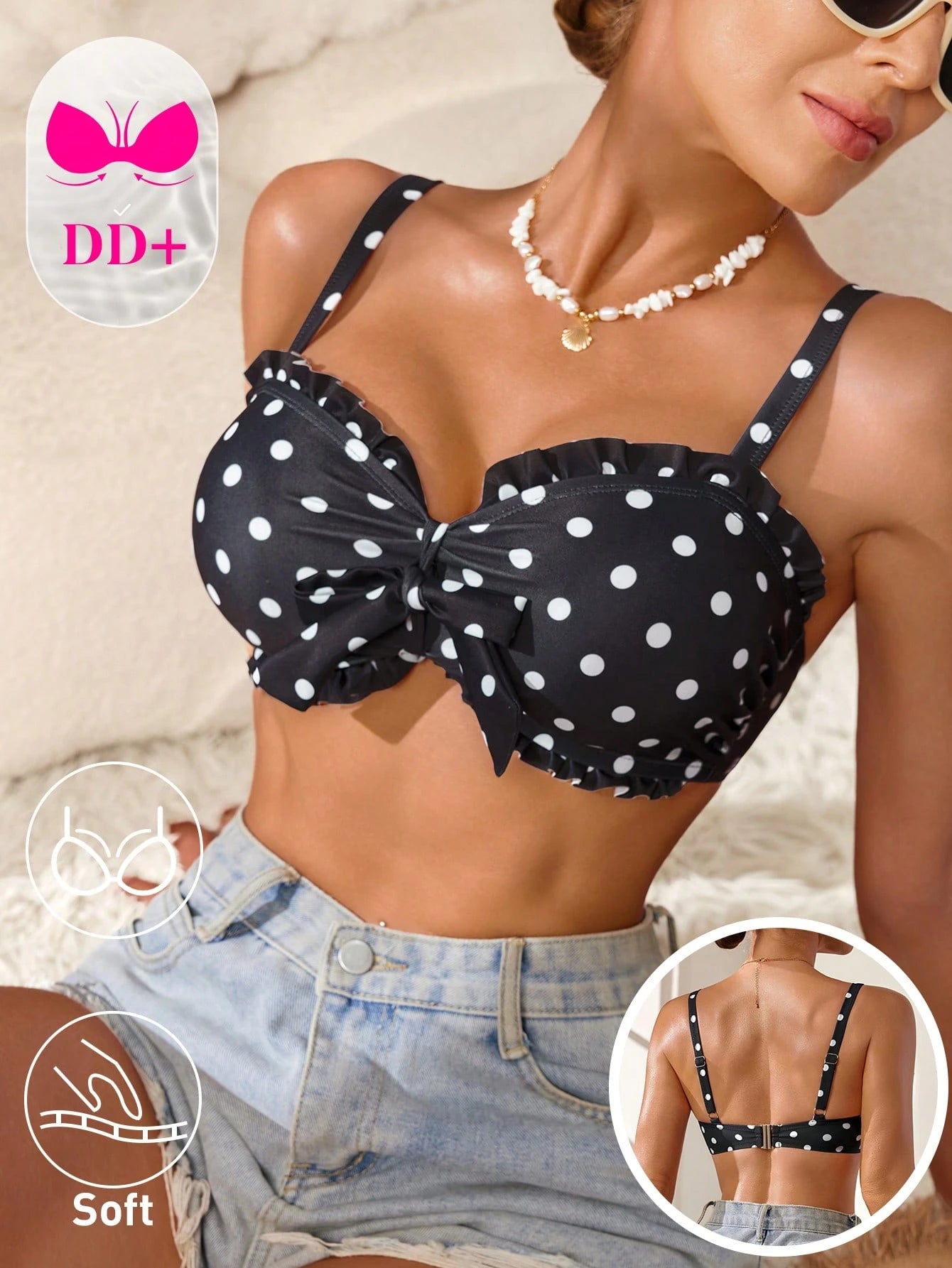 Voyashape 2026 Spring/Summer New White With Black Polka Dots Ruffle Bow Tie Decor Women's Bikini Top Fashion Slimming Cute 1950s Vintage Elegant Sexy Beach
