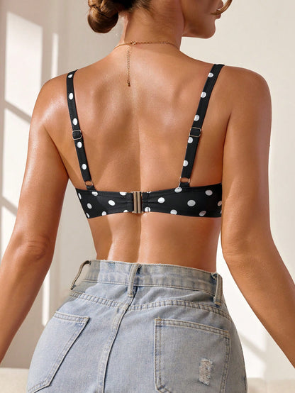 Voyashape 2026 Spring/Summer New White With Black Polka Dots Ruffle Bow Tie Decor Women's Bikini Top Fashion Slimming Cute 1950s Vintage Elegant Sexy Beach