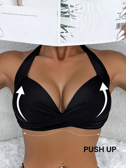 Voyashape Vacation Beach Sexy Solid Color Gathered Halter Swimsuit Top