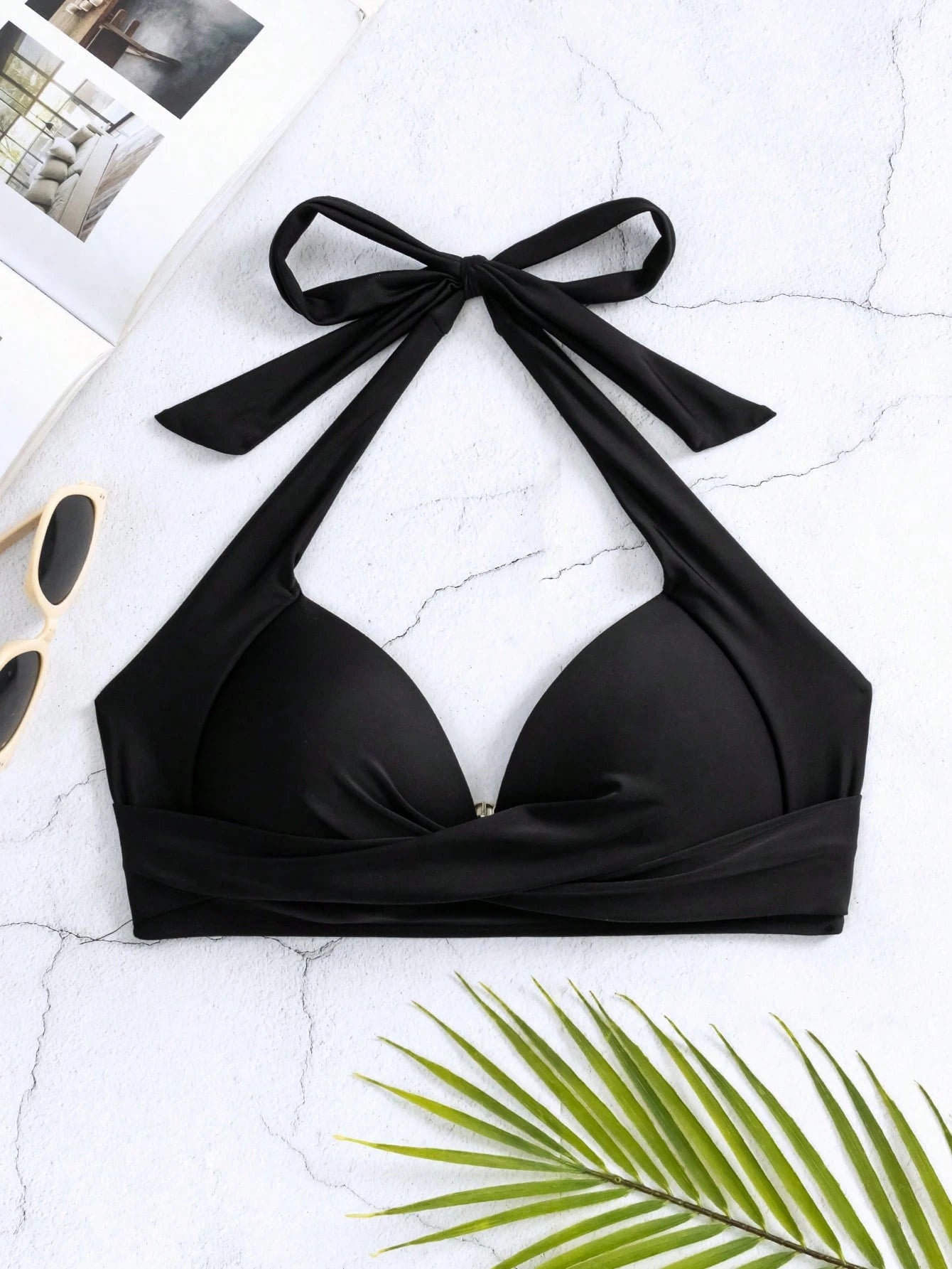 Voyashape Vacation Beach Sexy Solid Color Gathered Halter Swimsuit Top