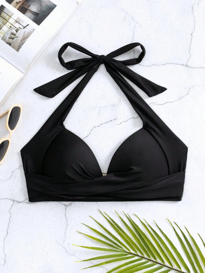 Voyashape Vacation Beach Sexy Solid Color Gathered Halter Swimsuit Top