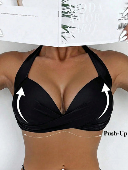 Voyashape Vacation Beach Sexy Solid Color Gathered Halter Swimsuit Top