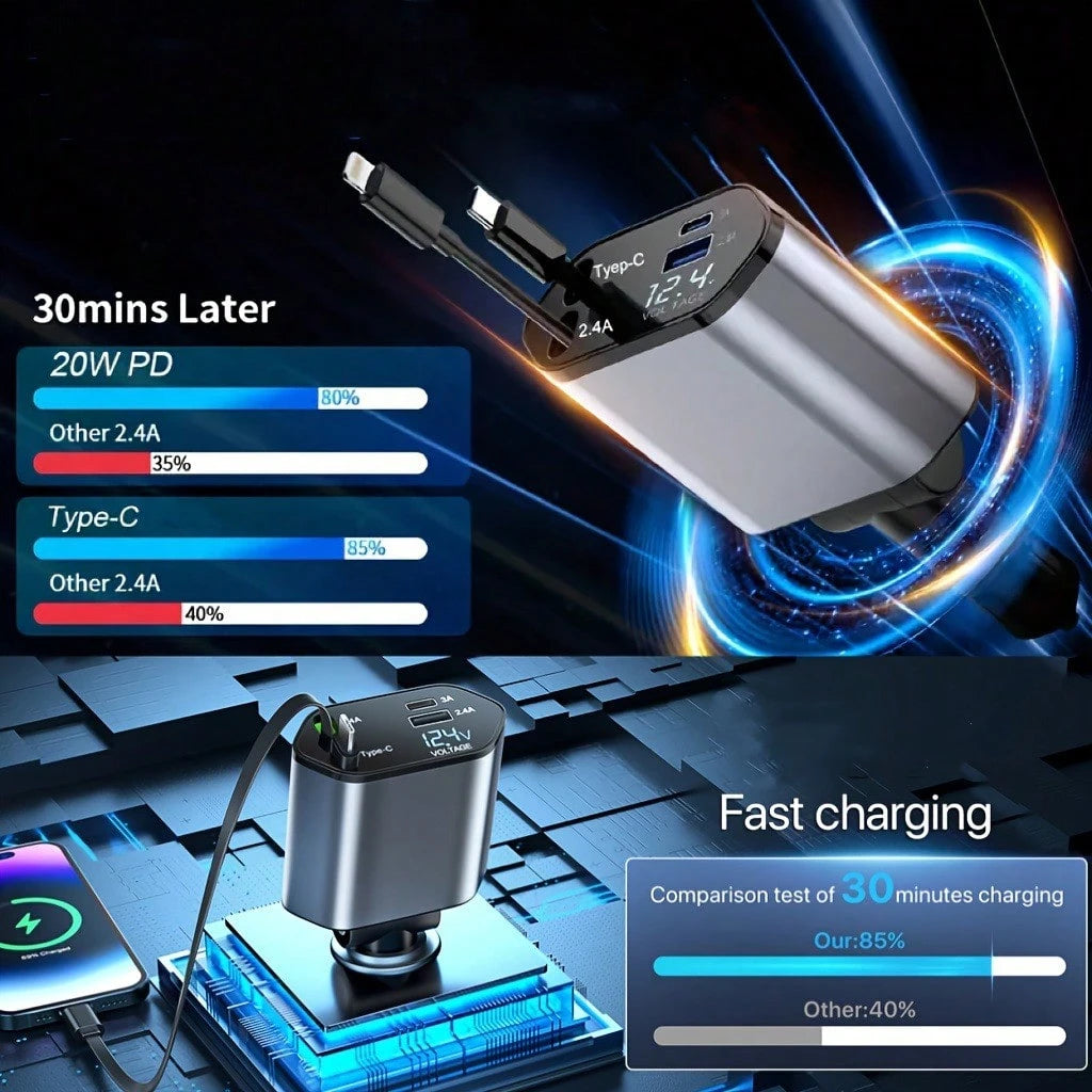 W&O 4-In-1 Retractable Car Charger Supports 120W Fast Charging Equipped With 2 USB Ports, 180° Adjustable Plug And Built-In 80cm Retractable Type-C/IOS Cable, Suitable For Various IOS/Android Phones