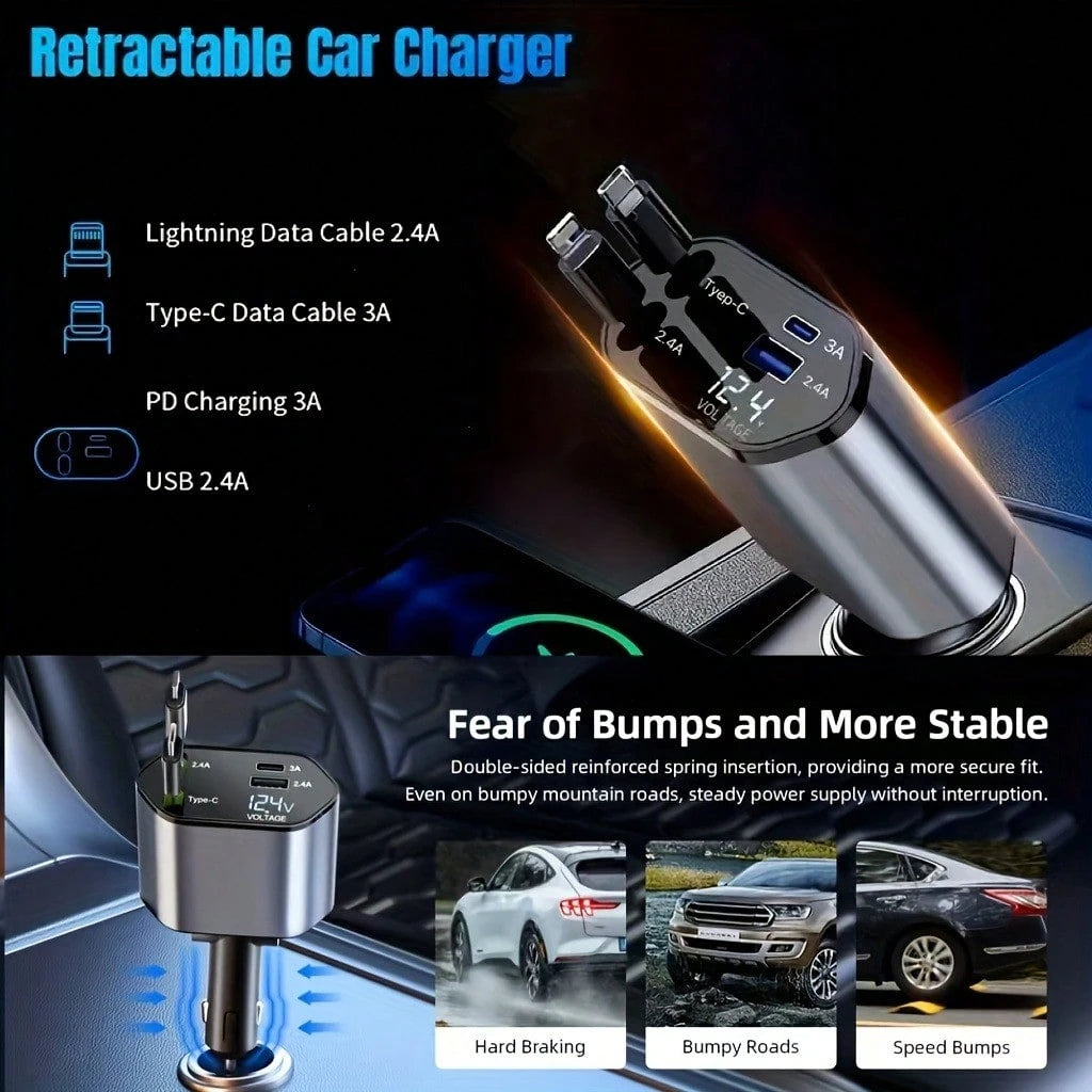 W&O 4-In-1 Retractable Car Charger Supports 120W Fast Charging Equipped With 2 USB Ports, 180° Adjustable Plug And Built-In 80cm Retractable Type-C/IOS Cable, Suitable For Various IOS/Android Phones