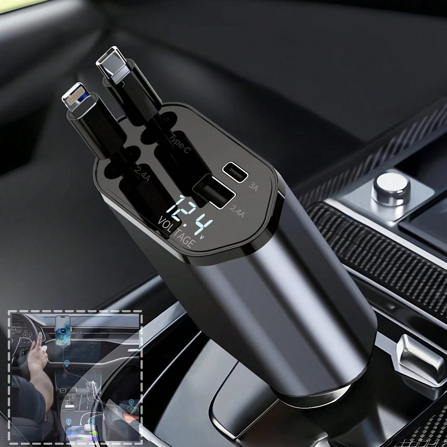 W&O 4-In-1 Retractable Car Charger Supports 120W Fast Charging Equipped With 2 USB Ports, 180° Adjustable Plug And Built-In 80cm Retractable Type-C/IOS Cable, Suitable For Various IOS/Android Phones