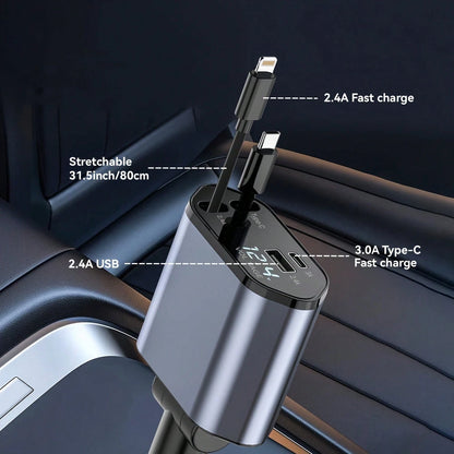 W&O 4-In-1 Retractable Car Charger Supports 120W Fast Charging Equipped With 2 USB Ports, 180° Adjustable Plug And Built-In 80cm Retractable Type-C/IOS Cable, Suitable For Various IOS/Android Phones