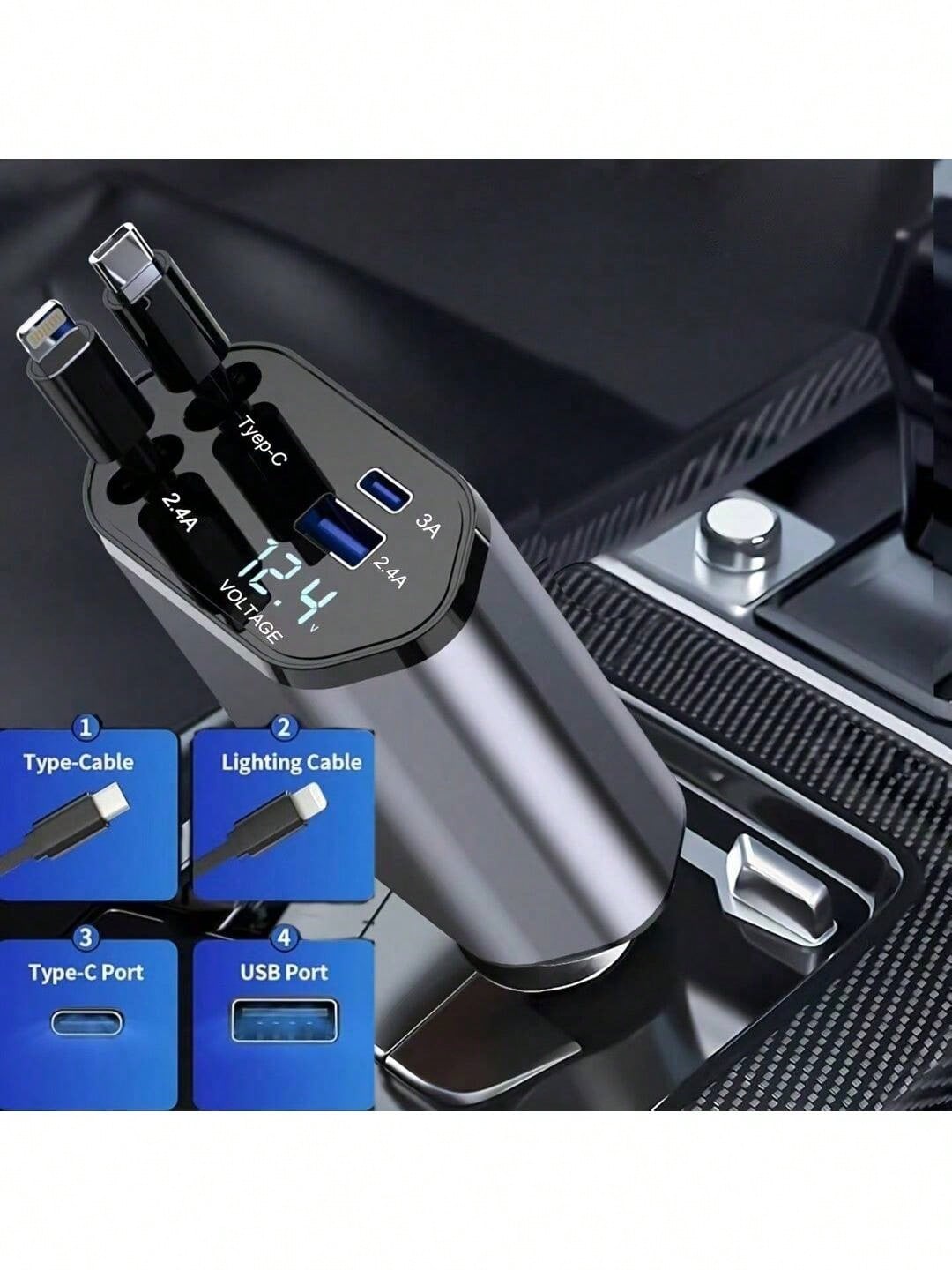 W&O 4-In-1 Retractable Car Charger Supports 120W Fast Charging Equipped With 2 USB Ports, 180° Adjustable Plug And Built-In 80cm Retractable Type-C/IOS Cable, Suitable For Various IOS/Android Phones