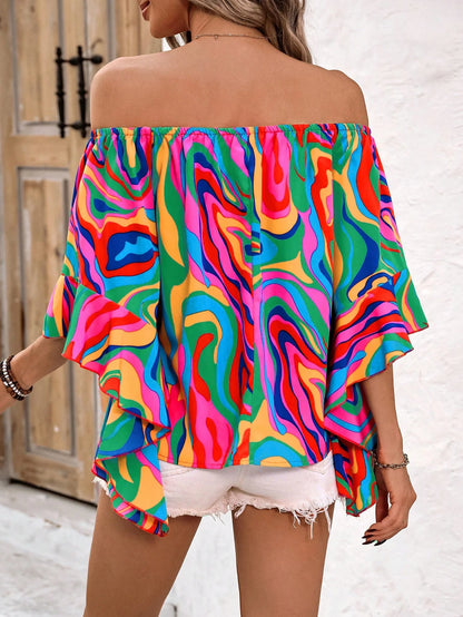 Wandoria Marble Pattern Off Shoulder Ruffle Trim Loose Casual Shirt
