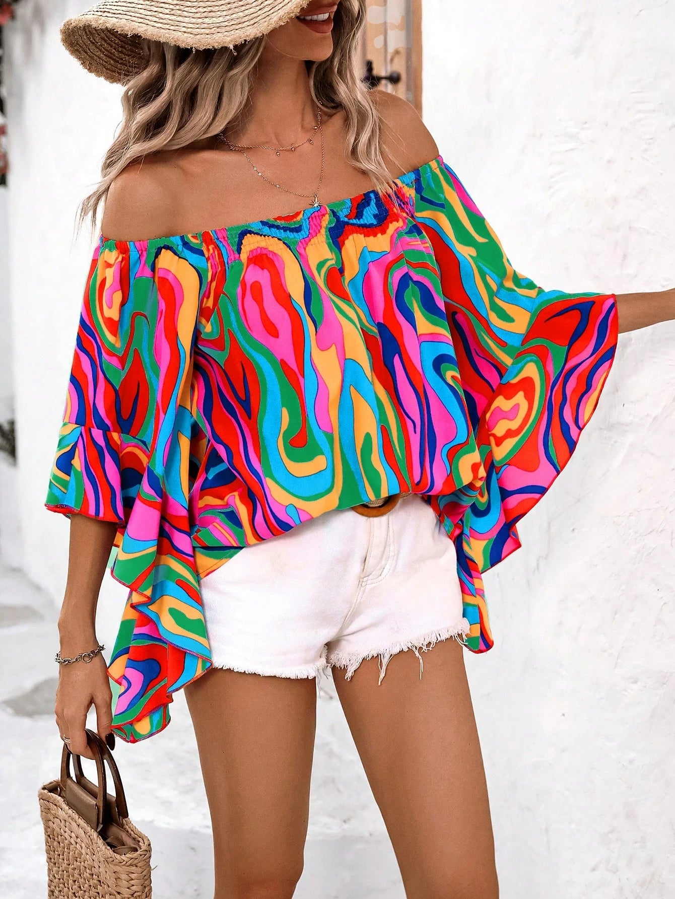 Wandoria Marble Pattern Off Shoulder Ruffle Trim Loose Casual Shirt
