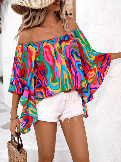 Wandoria Marble Pattern Off Shoulder Ruffle Trim Loose Casual Shirt