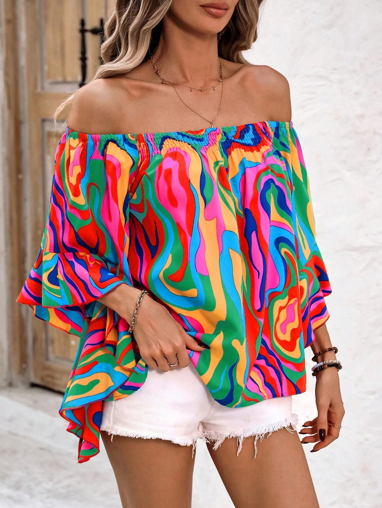 Wandoria Marble Pattern Off Shoulder Ruffle Trim Loose Casual Shirt