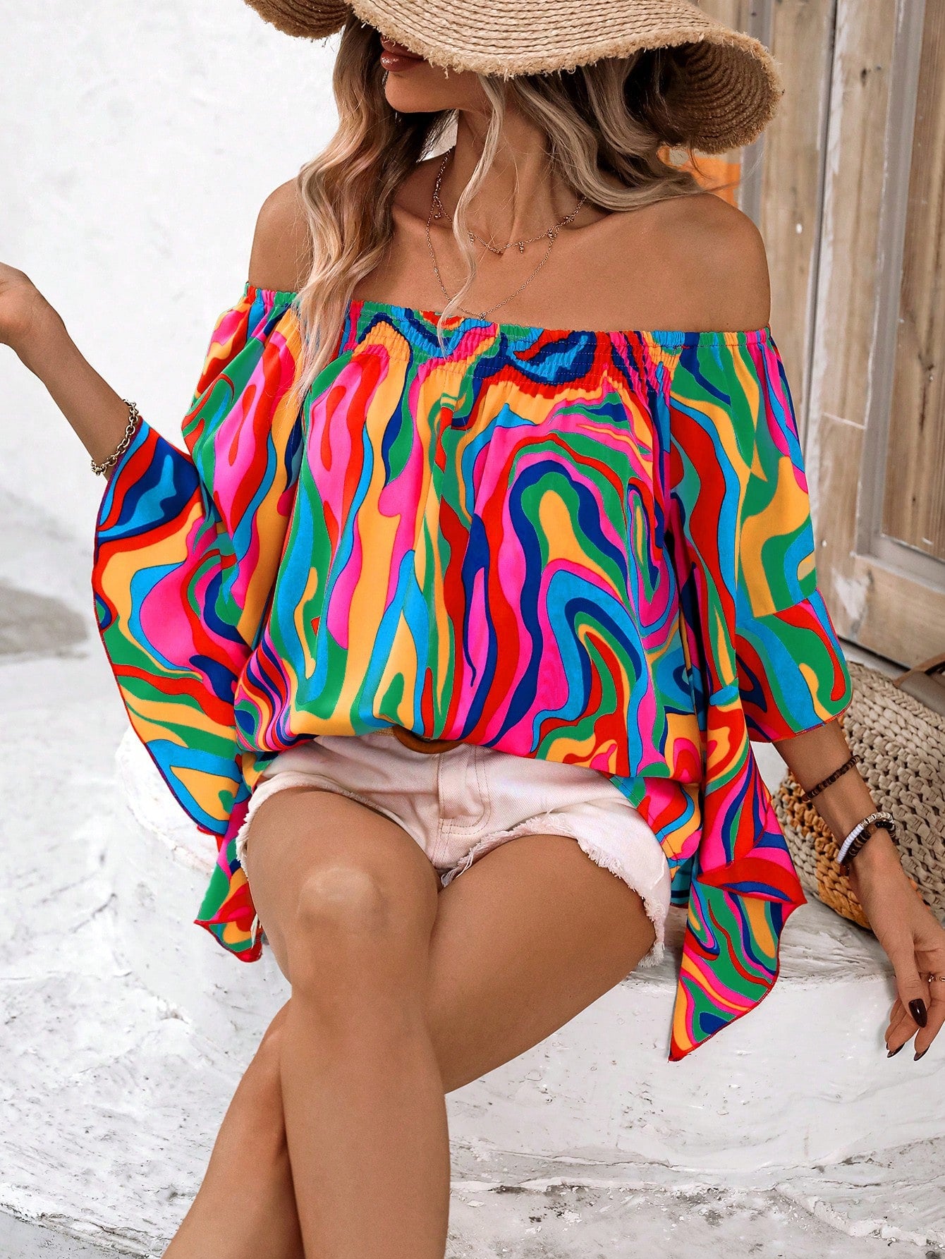 Wandoria Marble Pattern Off Shoulder Ruffle Trim Loose Casual Shirt