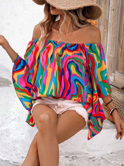 Wandoria Marble Pattern Off Shoulder Ruffle Trim Loose Casual Shirt