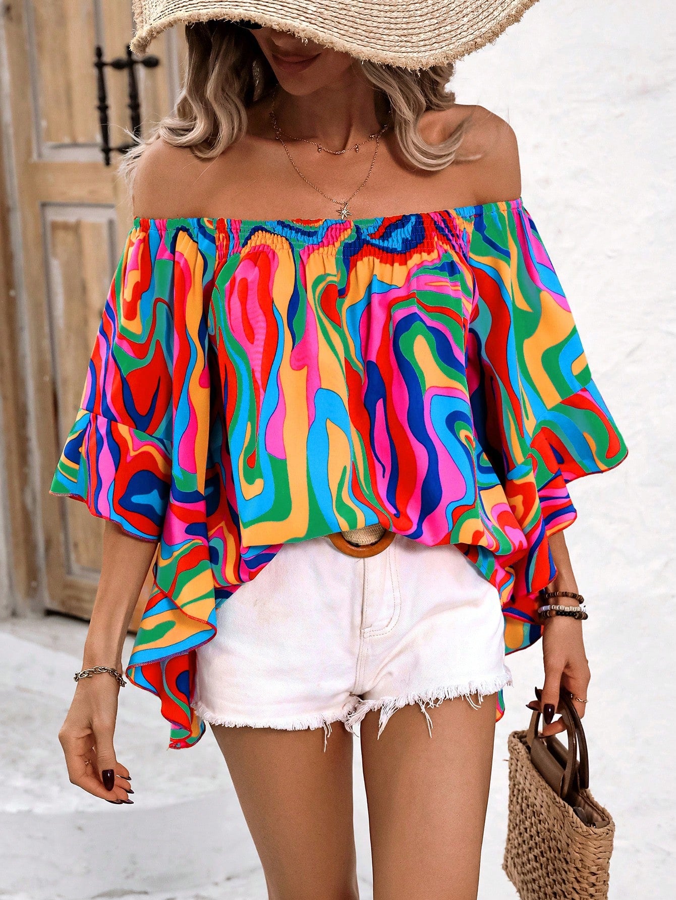 Wandoria Marble Pattern Off Shoulder Ruffle Trim Loose Casual Shirt