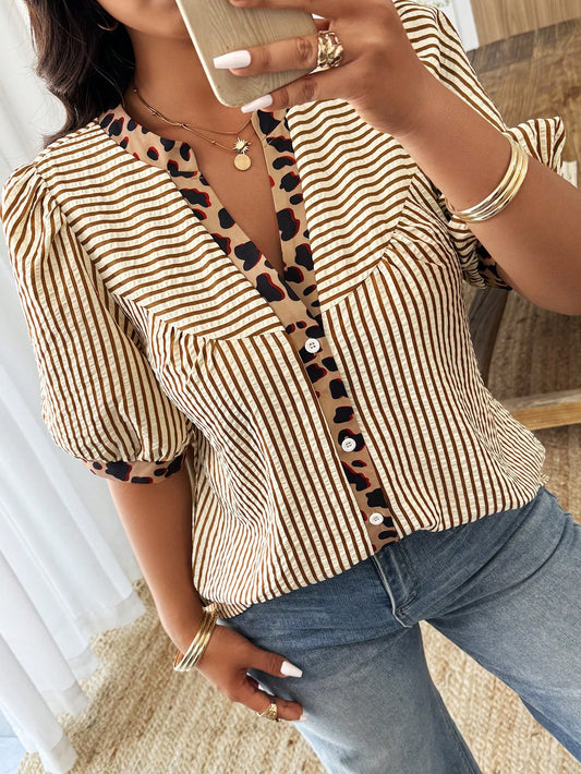Weeklong Plus Size Women's Spring/Summer Notch Collar Striped Patchwork Leopard Print Casual Vacation Shirt Chic