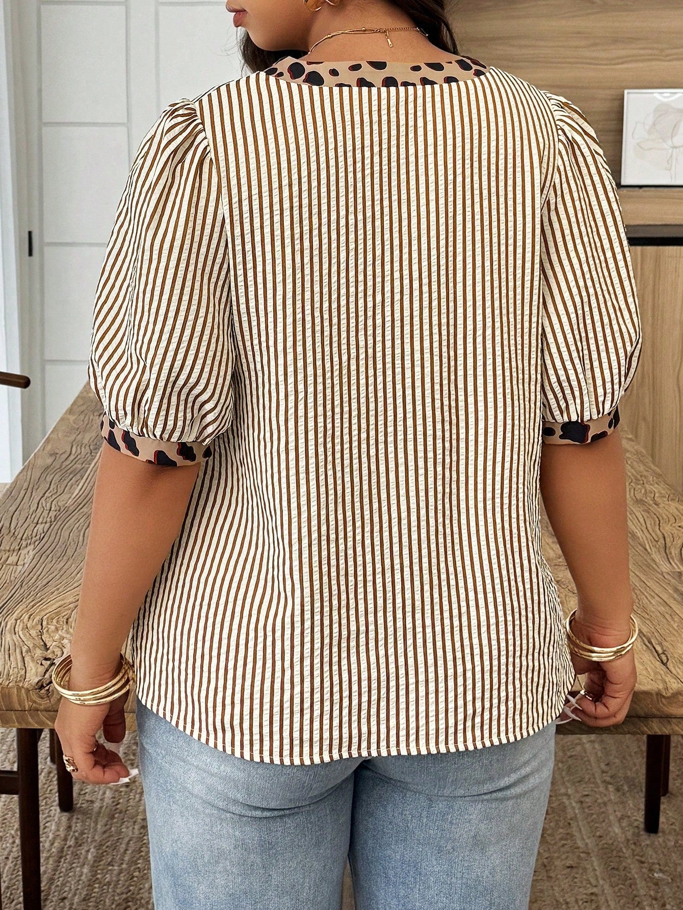 Weeklong Plus Size Women's Spring/Summer Notch Collar Striped Patchwork Leopard Print Casual Vacation Shirt Chic