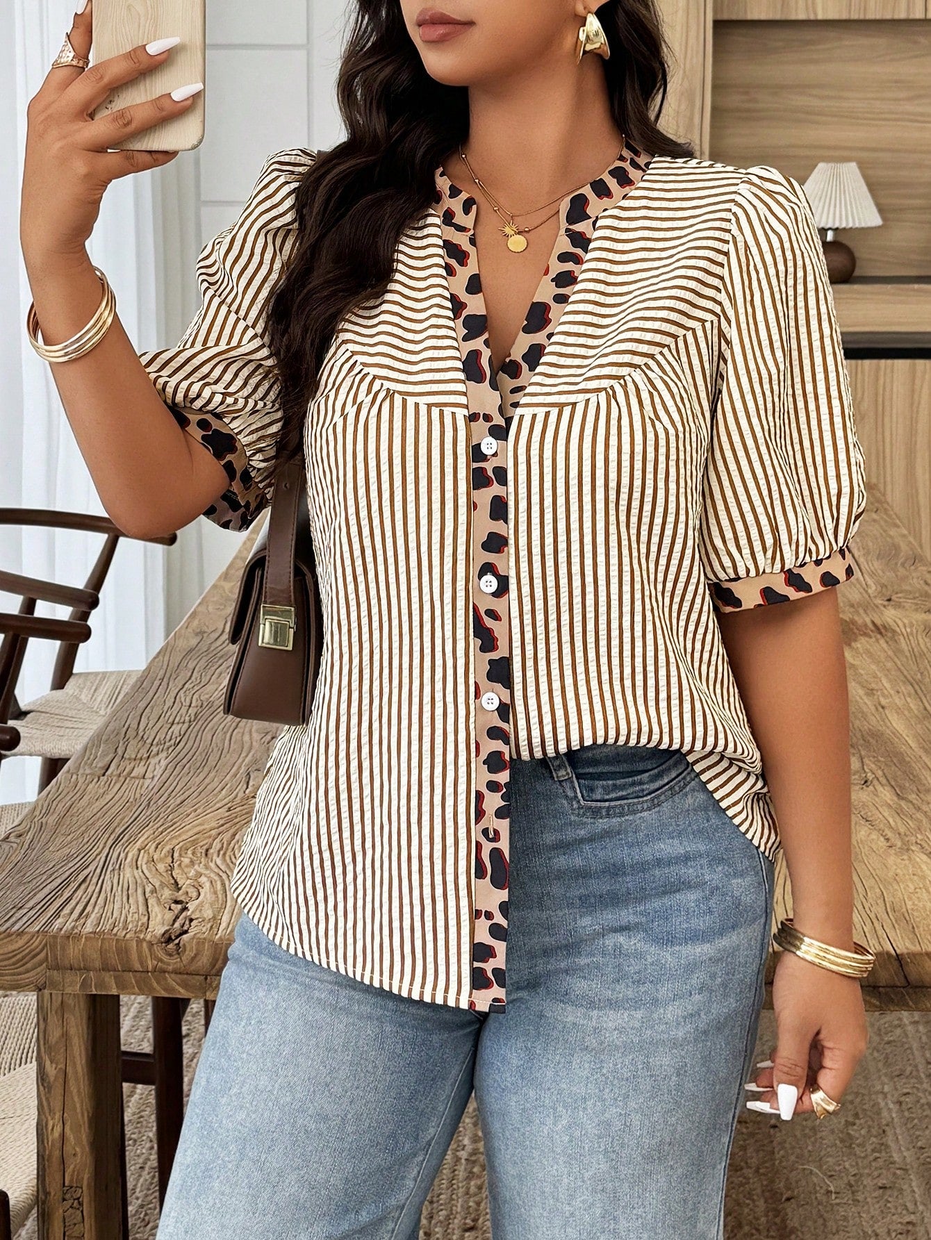 Weeklong Plus Size Women's Spring/Summer Notch Collar Striped Patchwork Leopard Print Casual Vacation Shirt Chic