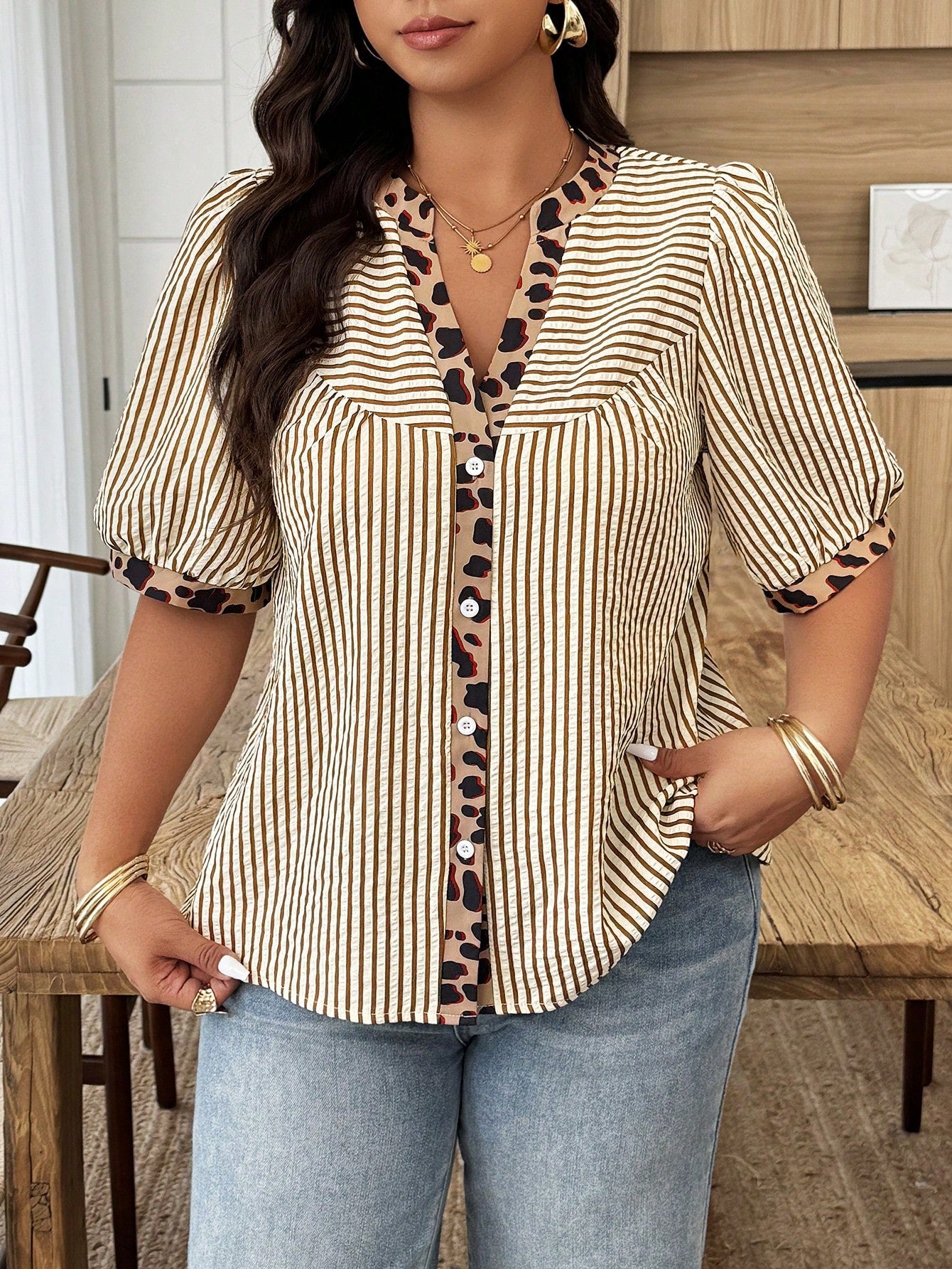 Weeklong Plus Size Women's Spring/Summer Notch Collar Striped Patchwork Leopard Print Casual Vacation Shirt Chic