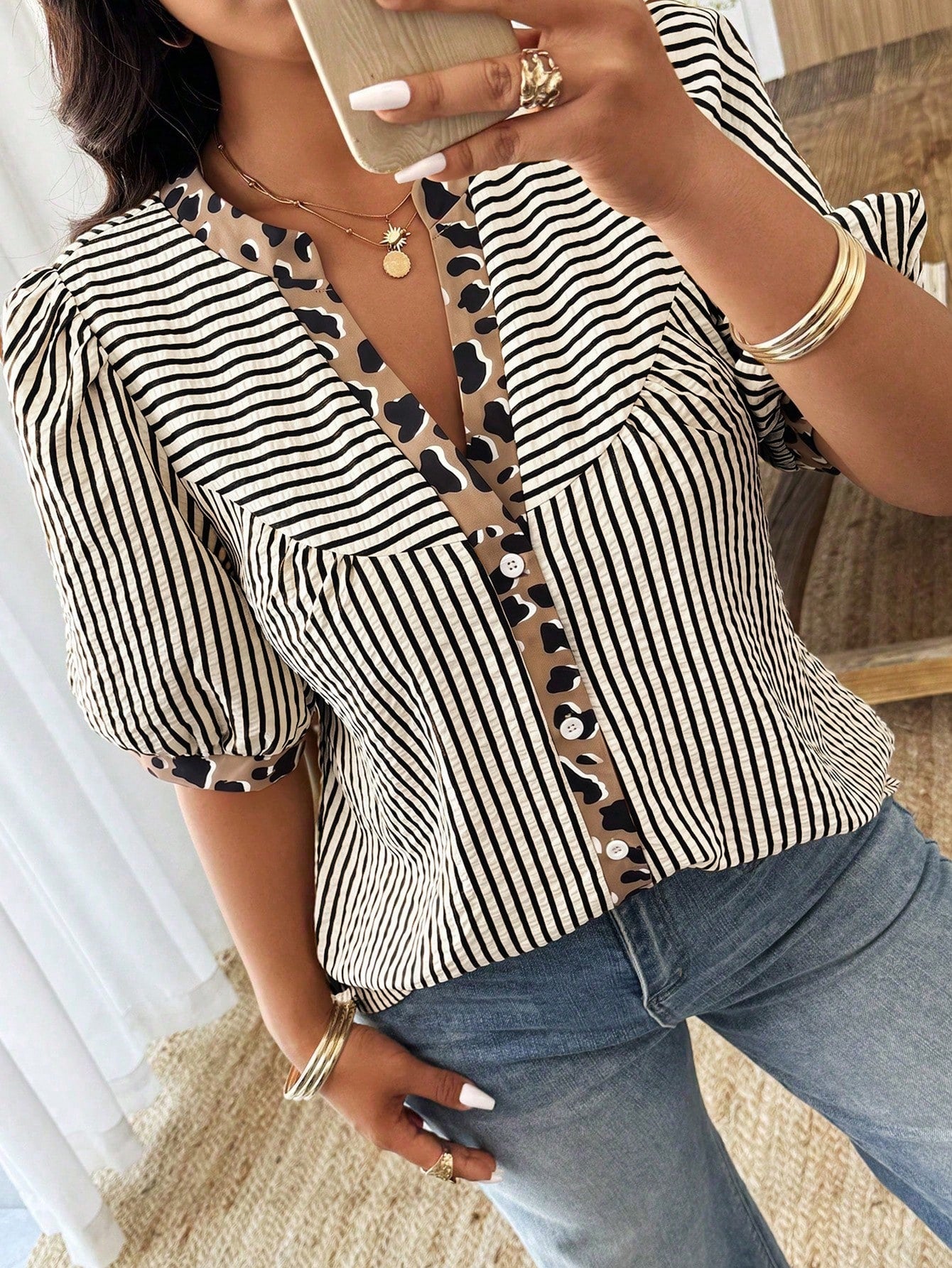 Weeklong Plus Size Women's Spring/Summer Notch Collar Striped Patchwork Leopard Print Casual Vacation Shirt Chic