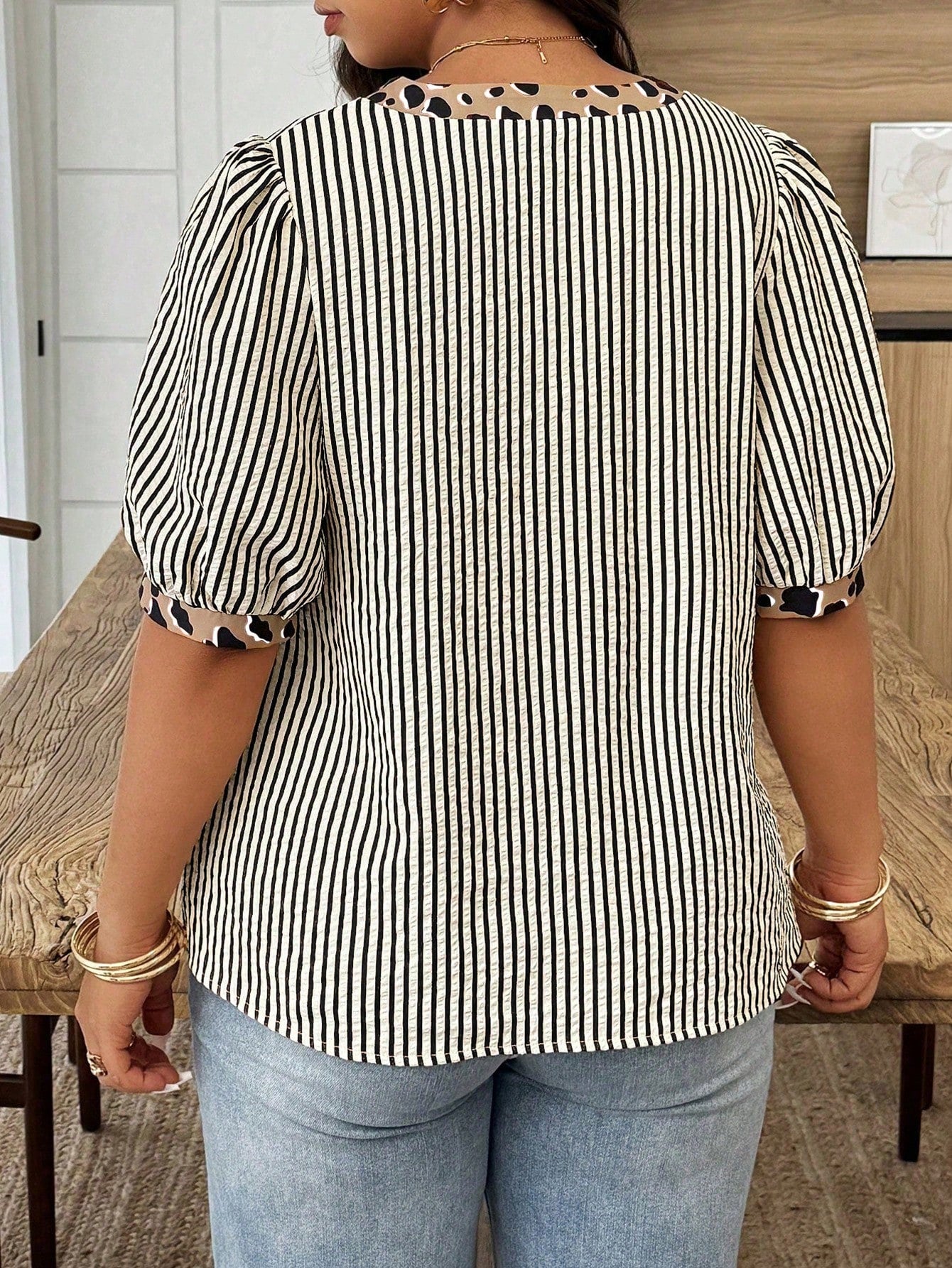 Weeklong Plus Size Women's Spring/Summer Notch Collar Striped Patchwork Leopard Print Casual Vacation Shirt Chic