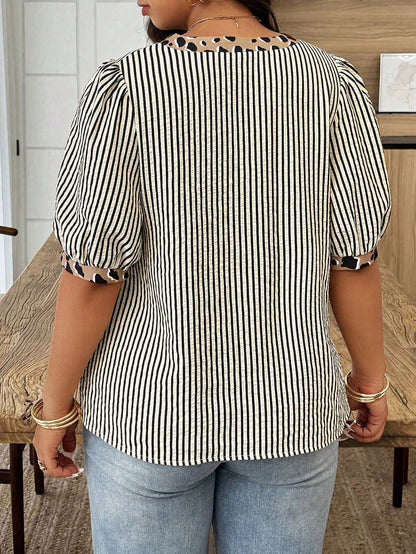 Weeklong Plus Size Women's Spring/Summer Notch Collar Striped Patchwork Leopard Print Casual Vacation Shirt Chic