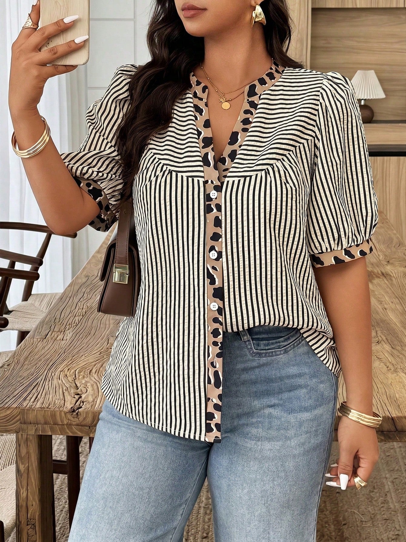 Weeklong Plus Size Women's Spring/Summer Notch Collar Striped Patchwork Leopard Print Casual Vacation Shirt Chic