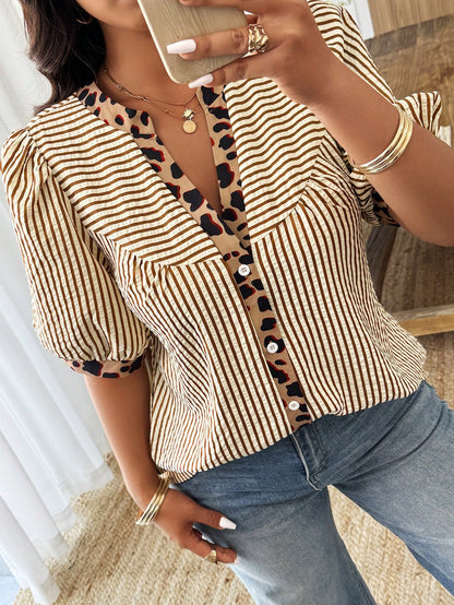 Weeklong Plus Size Women's Spring/Summer Notch Collar Striped Patchwork Leopard Print Casual Vacation Shirt Chic