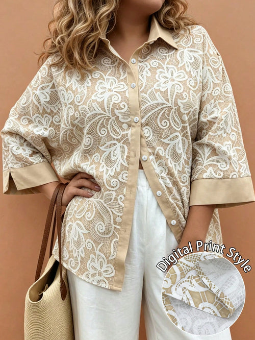 Weeklong Women's Plus Size Casual Versatile Vintage Elegant Lace Style Random Print Lapel 3/4 Sleeve Loose Fit Blouse, Suitable For Spring And Summer Fall