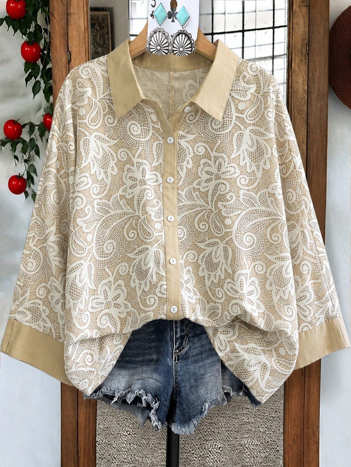 Weeklong Women's Plus Size Casual Versatile Vintage Elegant Lace Style Random Print Lapel 3/4 Sleeve Loose Fit Blouse, Suitable For Spring And Summer Fall
