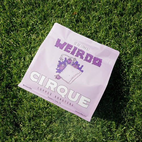 Diner coffee bag on grass with bold lettering and cartoon artwork