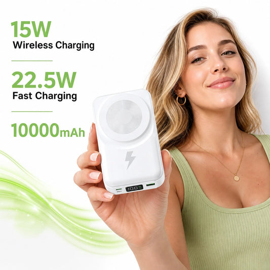 White 10000mAh Magnetic Wireless Power Bank With 15W Wireless And 22.5W Fast Charging, With Digital Battery Indicator, Slim Rectangular Case And Kickstand For Desk Or Bedside Use, Compatible With IPho
