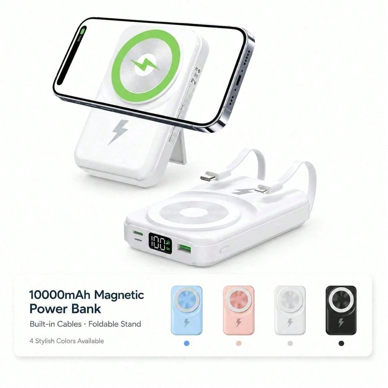 White 10000mAh Magnetic Wireless Power Bank With 15W Wireless And 22.5W Fast Charging, With Digital Battery Indicator, Slim Rectangular Case And Kickstand For Desk Or Bedside Use, Compatible With IPho