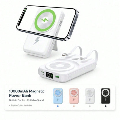 White 10000mAh Magnetic Wireless Power Bank With 15W Wireless And 22.5W Fast Charging, With Digital Battery Indicator, Slim Rectangular Case And Kickstand For Desk Or Bedside Use, Compatible With IPho