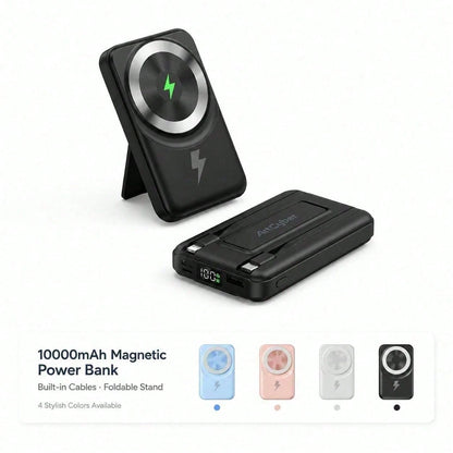 White 10000mAh Magnetic Wireless Power Bank With 15W Wireless And 22.5W Fast Charging, With Digital Battery Indicator, Slim Rectangular Case And Kickstand For Desk Or Bedside Use, Compatible With IPho
