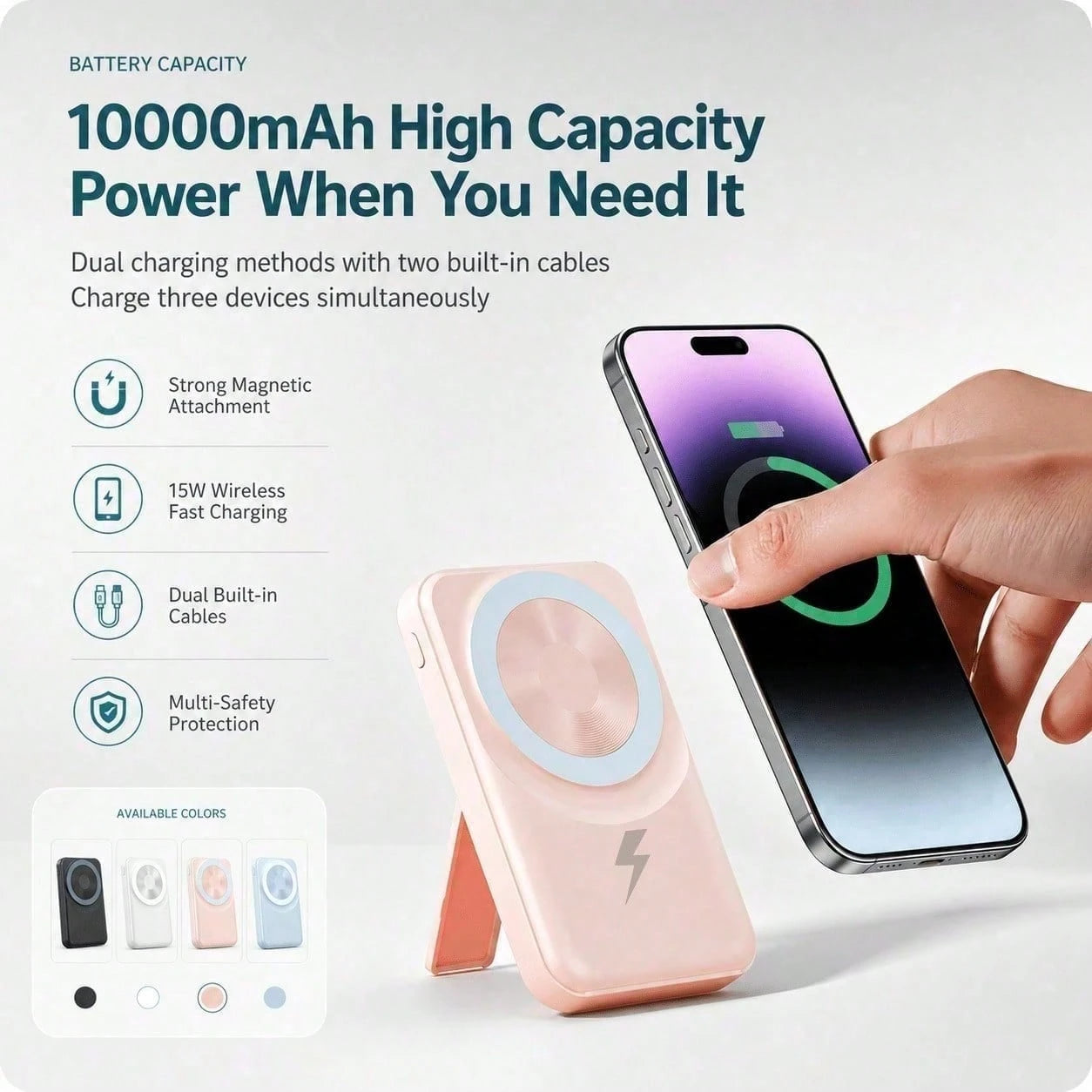 White 10000mAh Magnetic Wireless Power Bank With 15W Wireless And 22.5W Fast Charging, With Digital Battery Indicator, Slim Rectangular Case And Kickstand For Desk Or Bedside Use, Compatible With IPho