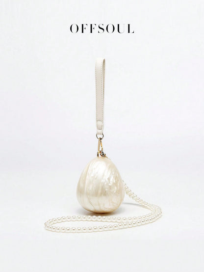 White Bridal Wedding Bag With Pearl Strap And Acrylic Marble Design, Evening Clutch Handbag For Party, Gathering, Beach Vacation And Banquet