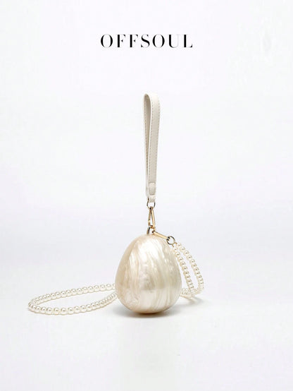 White Bridal Wedding Bag With Pearl Strap And Acrylic Marble Design, Evening Clutch Handbag For Party, Gathering, Beach Vacation And Banquet