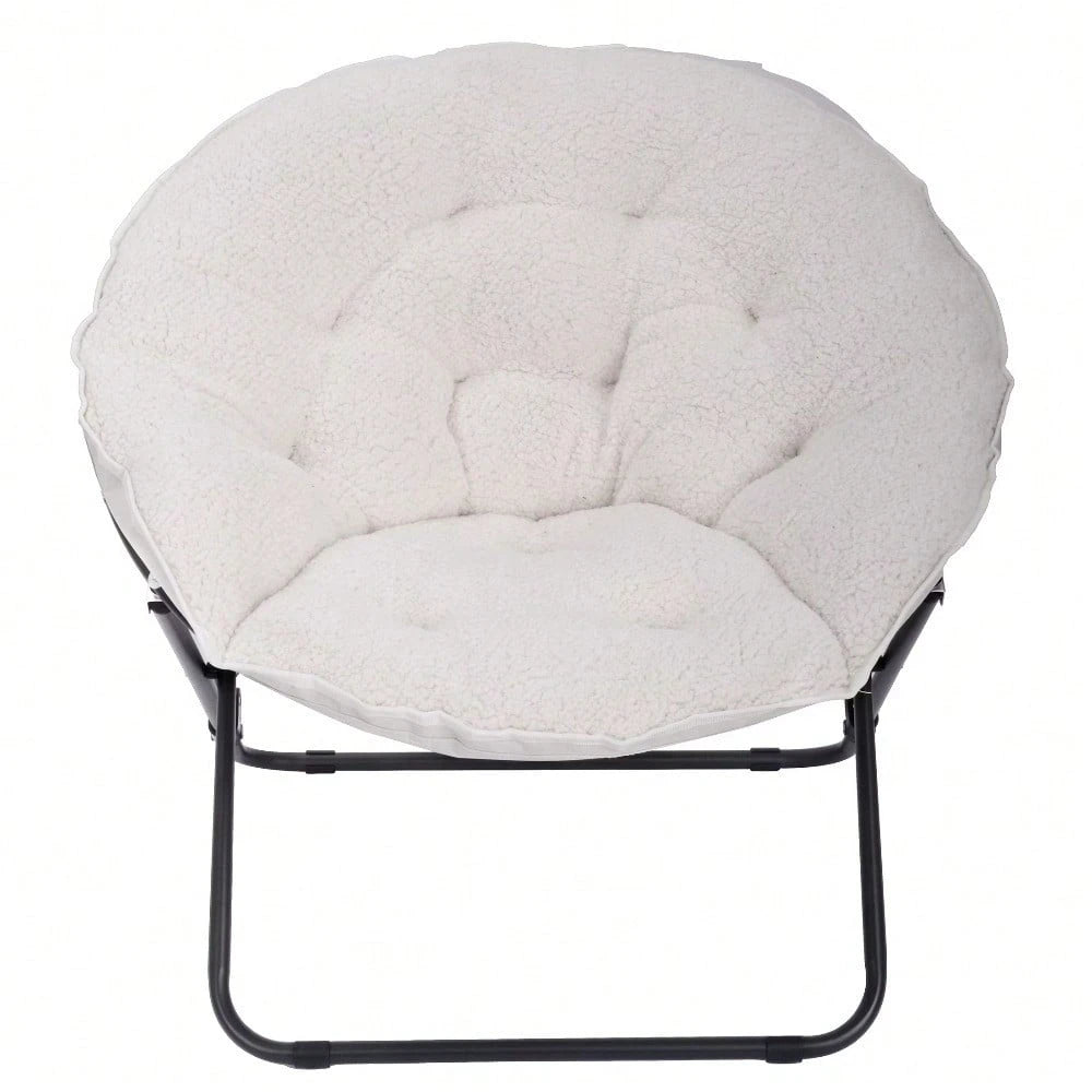 White Faux Shearling Saucer Chair For Kids And Teens, Cozy Floor Lounge Chair For Bedroom, Dorm, Reading, Or Playroom, Soft Comfortable Seat