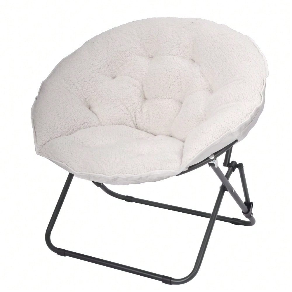 White Faux Shearling Saucer Chair For Kids And Teens, Cozy Floor Lounge Chair For Bedroom, Dorm, Reading, Or Playroom, Soft Comfortable Seat