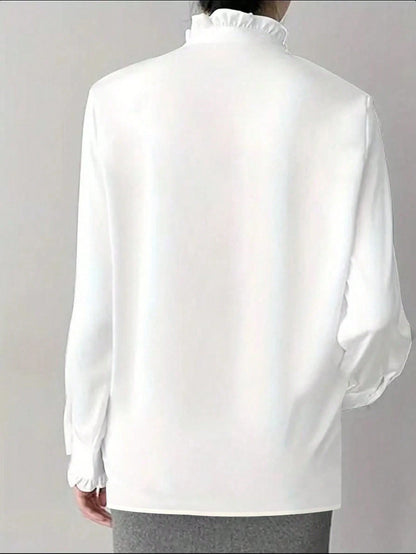 White Frill Collar Blouse For Women, Solid Color Minimalist Casual Everyday Wear Spring