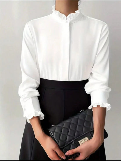 White Frill Collar Blouse For Women, Solid Color Minimalist Casual Everyday Wear Spring