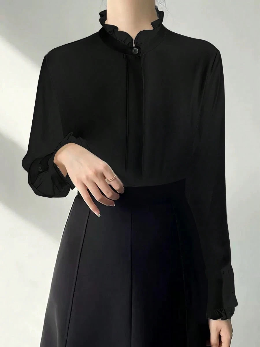 White Frill Collar Blouse For Women, Solid Color Minimalist Casual Everyday Wear Spring